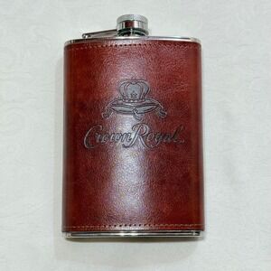 Crown Royal Stainless Steel 8oz Flask Brown Faux Leather Embossed Logo